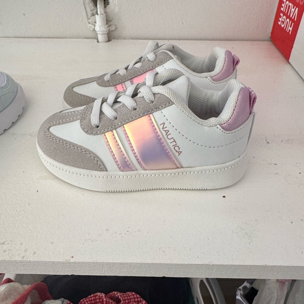 Nautica Kids' White and Pink Sneakers with Gray Accents